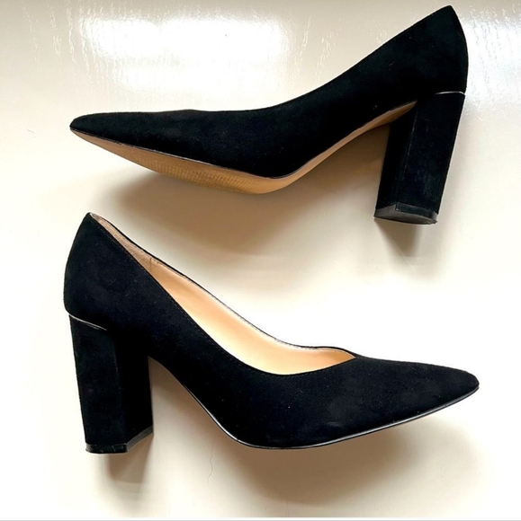 Marc Fisher Viviene Black Suede Pointy Toe Chunky Block Pumps Heels  7.5 M - Picture 1 of 8